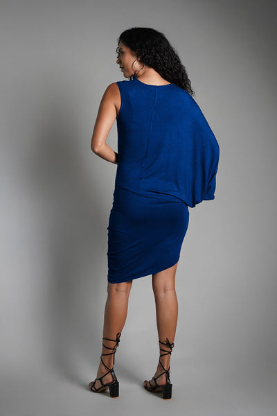 Asymmetric Hem Blue Jersey Knit Dress