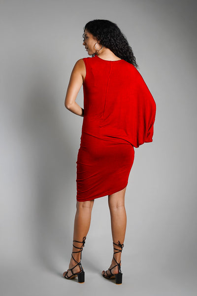 Asymmetric Hem Red Jersey Knit Dress