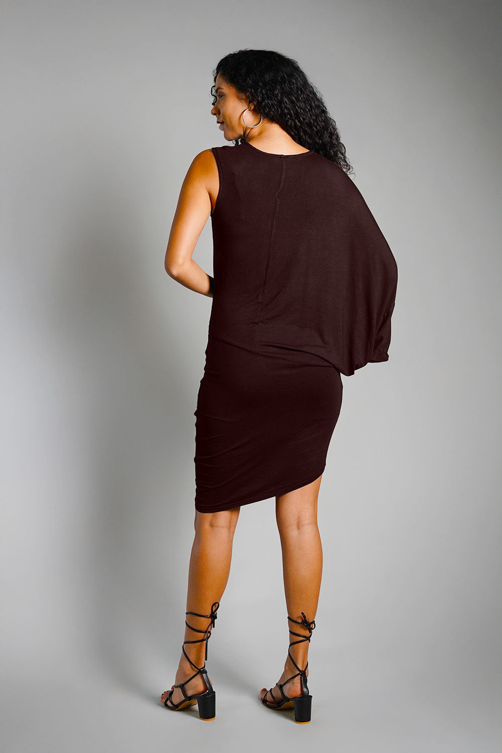 Asymmetric Hem Brown Jersey Knit Dress