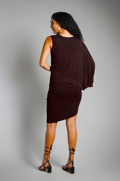 Asymmetric Hem Brown Jersey Knit Dress