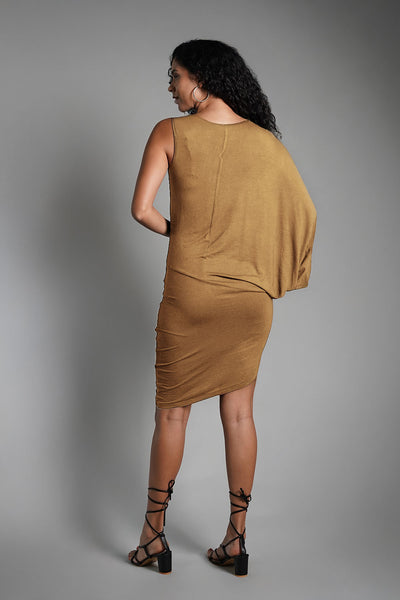 Asymmetric Hem Beige Jersey Knit Dress