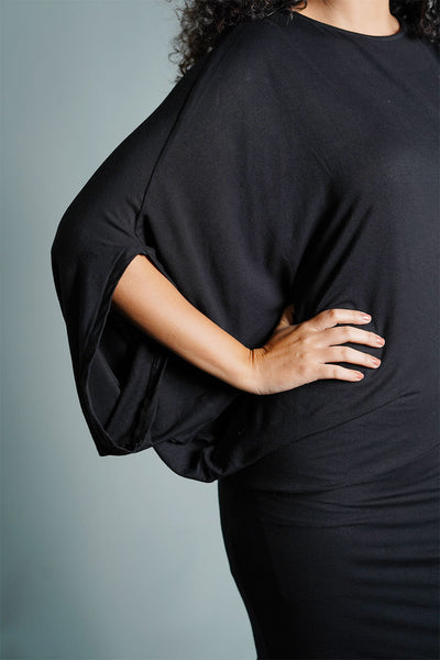 Asymmetric Hem Black Jersey Knit Dress