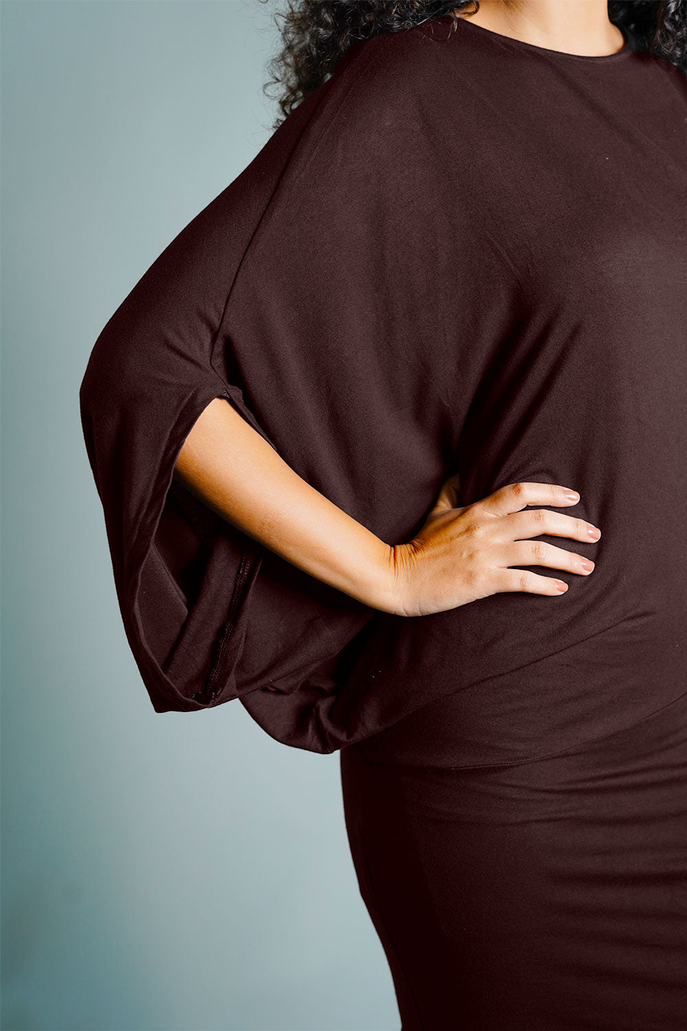 Asymmetric Hem Brown Jersey Knit Dress