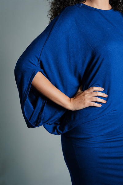 Asymmetric Hem Blue Jersey Knit Dress