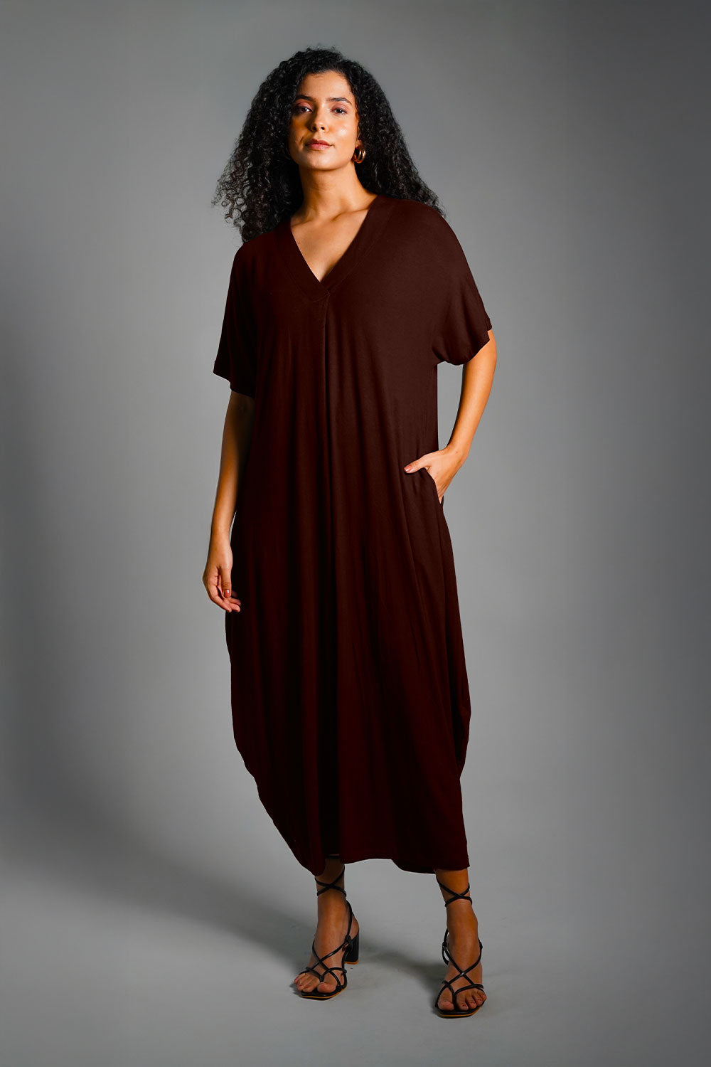 Dolman Sleeve Brown Jersey Knit Shift Dress