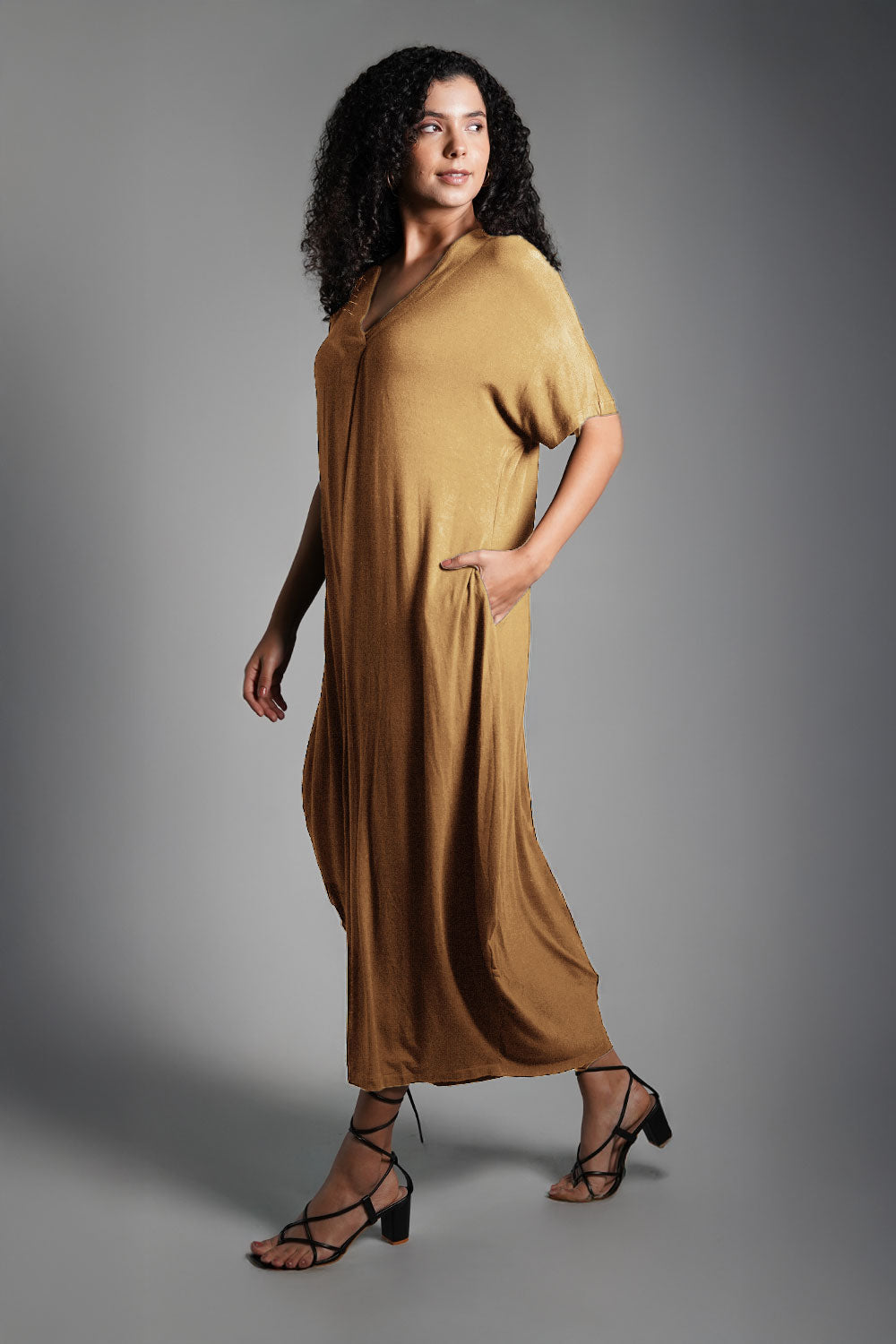 Dolman Sleeve Beige Jersey Knit Shift Dress