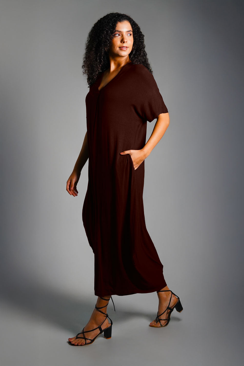 Dolman Sleeve Brown Jersey Knit Shift Dress