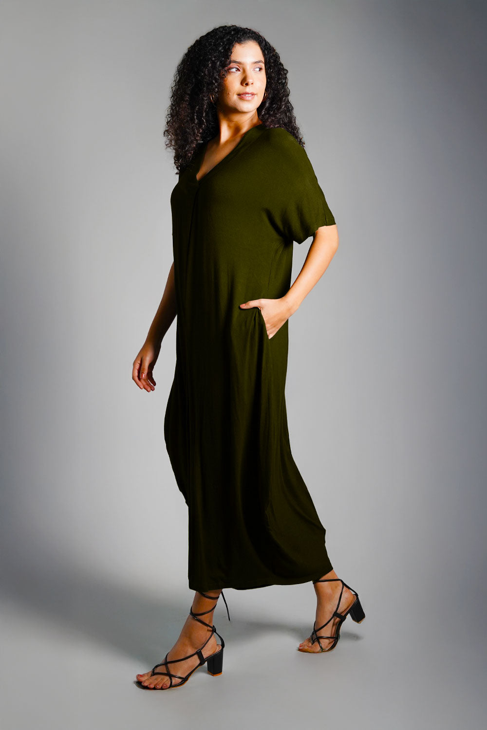 Dolman Sleeve Forest Green Jersey Knit Shift Dress