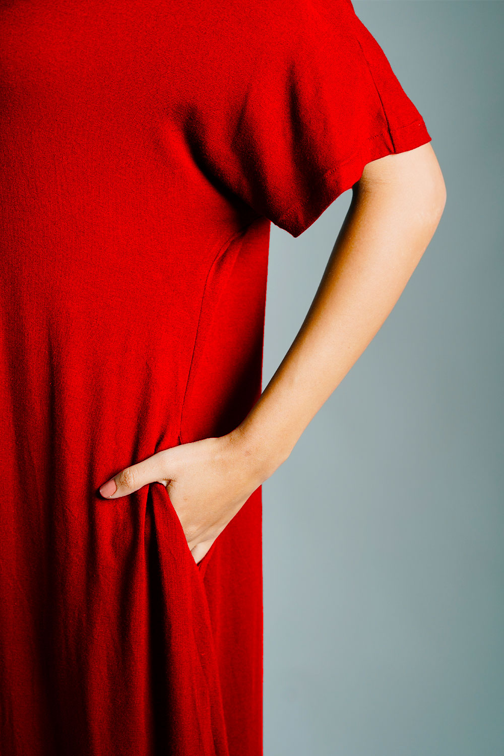 Dolman Sleeve Red Jersey Knit Shift Dress