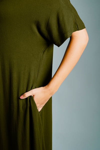 Dolman Sleeve Forest Green Jersey Knit Shift Dress