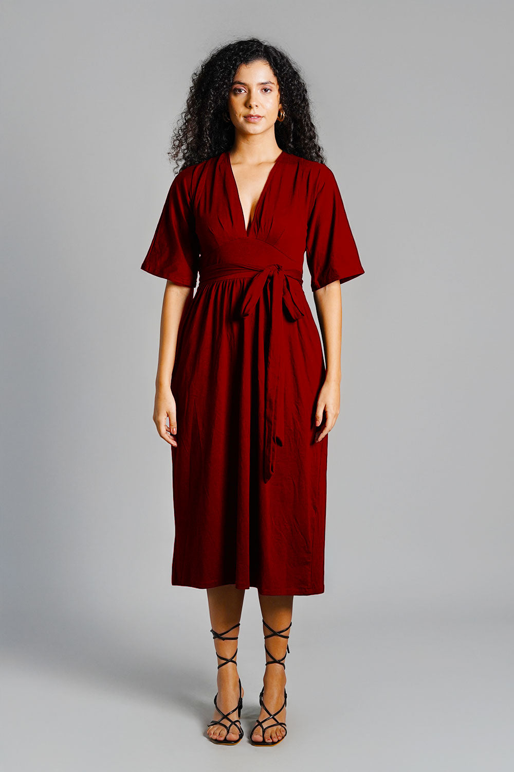 Maroon Jersey Knit Plunge Sash Tie Dress