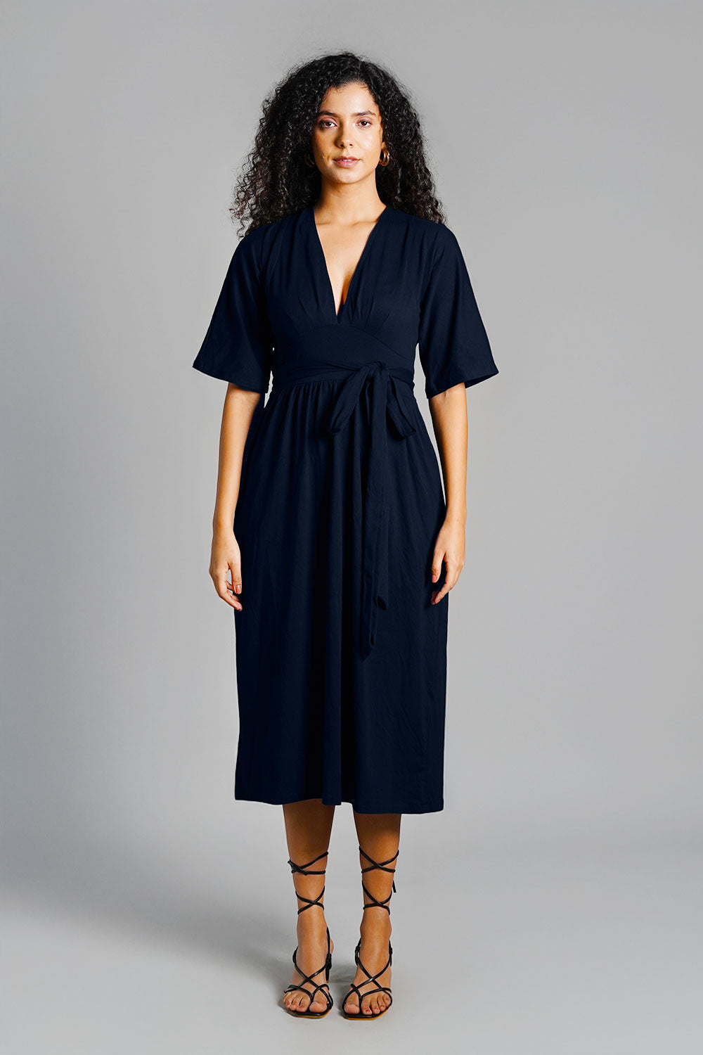Navy Jersey Knit Plunge Sash Tie Dress
