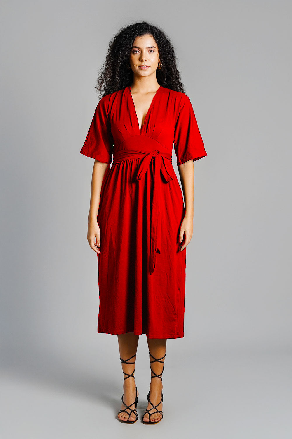 Red Jersey Knit Plunge Sash Tie Dress