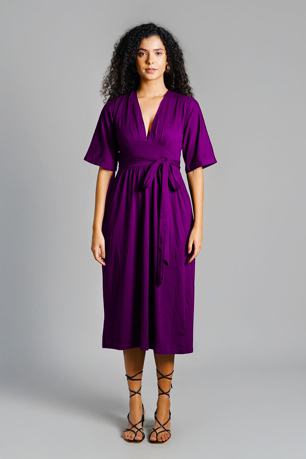 Purple Jersey Knit Plunge Sash Tie Dress