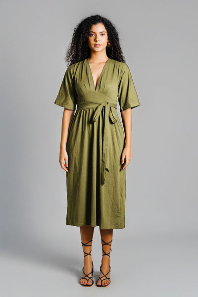 Olive Jersey Knit Plunge Sash Tie Dress