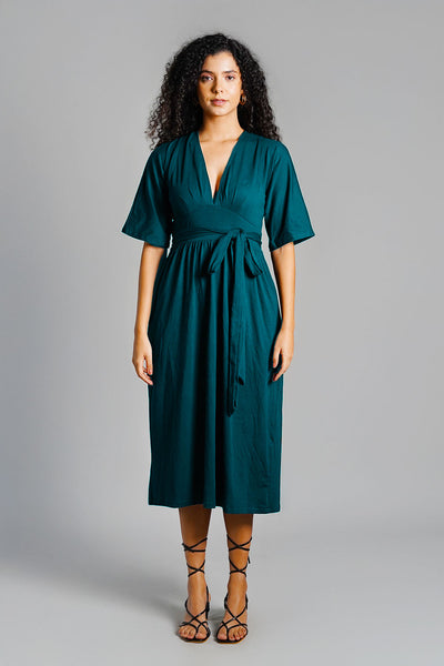 Teal Jersey Knit Plunge Sash Tie Dress