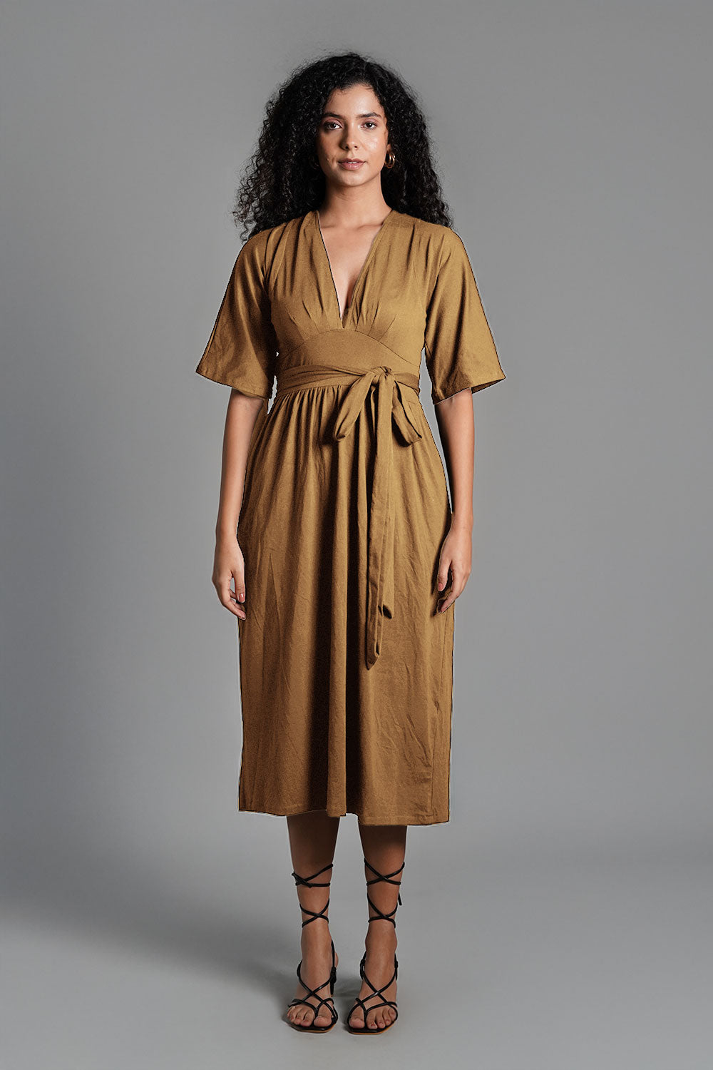 Beige Jersey Knit Plunge Sash Tie Dress