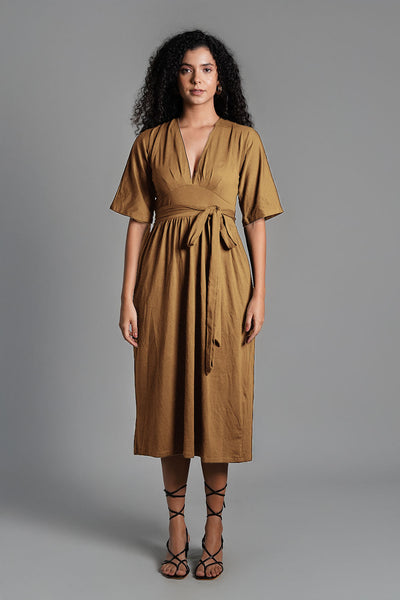 Beige Jersey Knit Plunge Sash Tie Dress