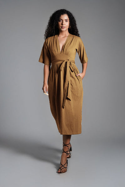 Beige Jersey Knit Plunge Sash Tie Dress