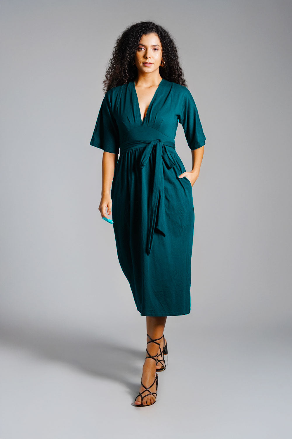 Teal Jersey Knit Plunge Sash Tie Dress