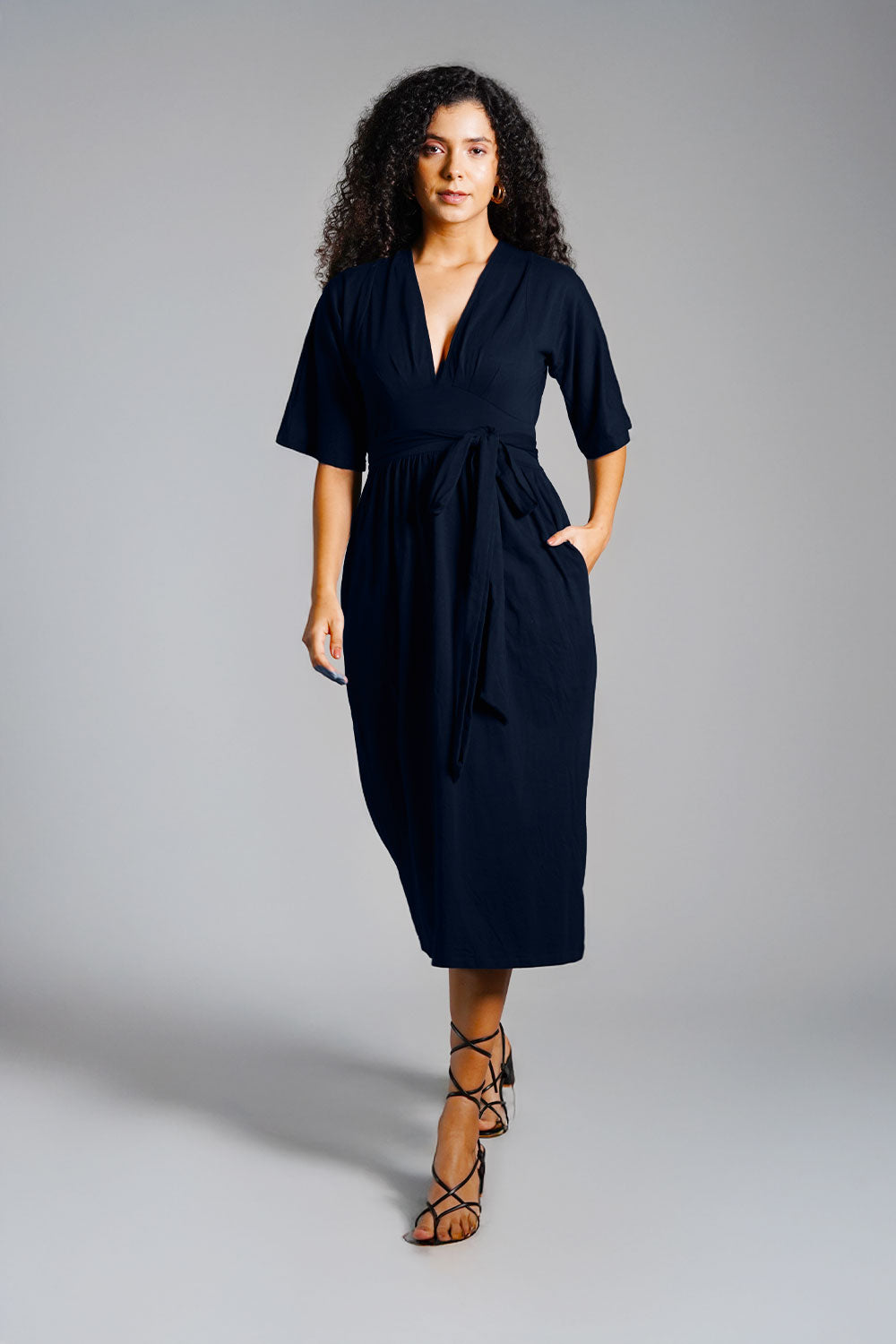 Navy Jersey Knit Plunge Sash Tie Dress