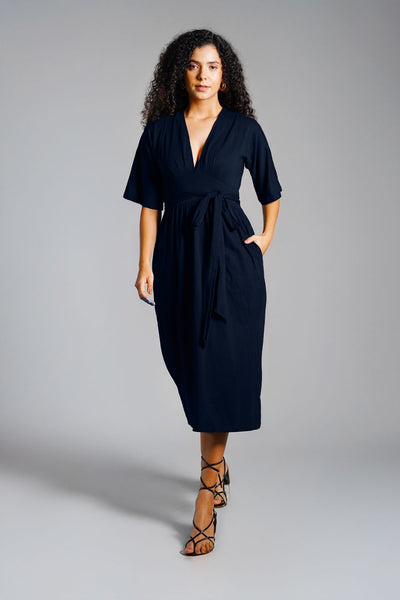 Navy Jersey Knit Plunge Sash Tie Dress