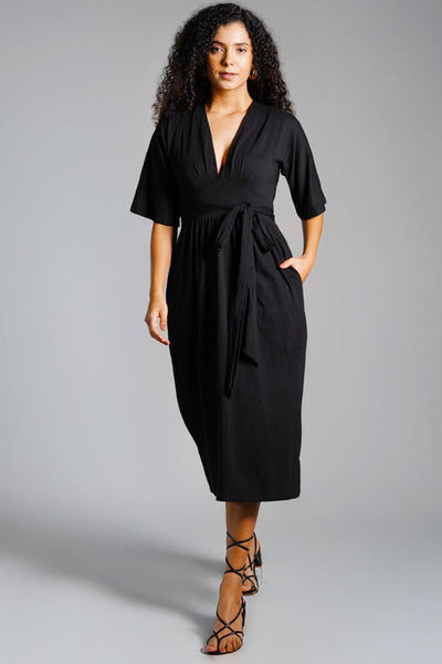 Black Jersey Knit Plunge Sash Tie Dress
