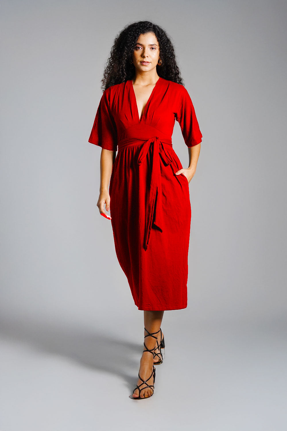 Red Jersey Knit Plunge Sash Tie Dress