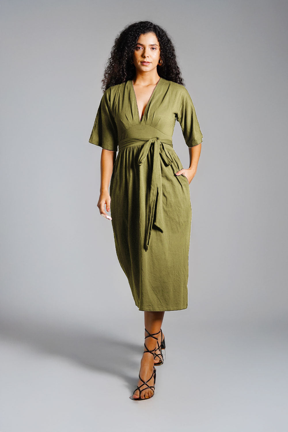 Olive Jersey Knit Plunge Sash Tie Dress