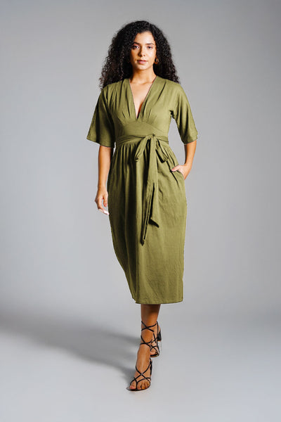Olive Jersey Knit Plunge Sash Tie Dress
