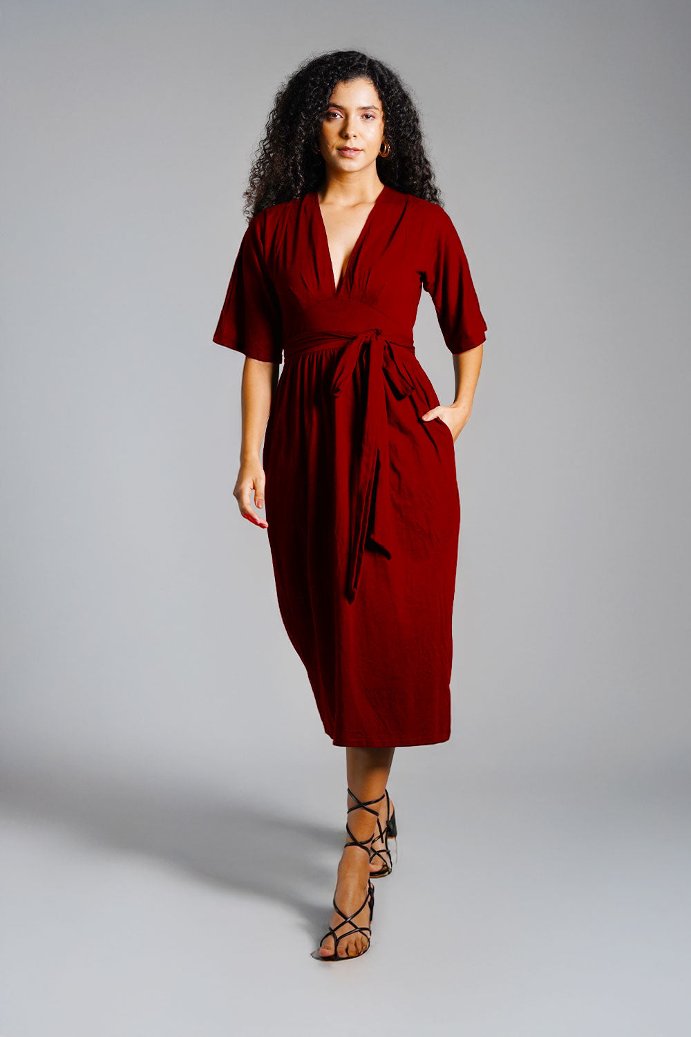 Maroon Jersey Knit Plunge Sash Tie Dress