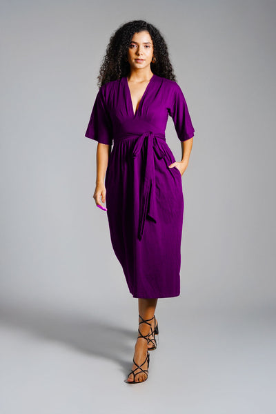 Purple Jersey Knit Plunge Sash Tie Dress