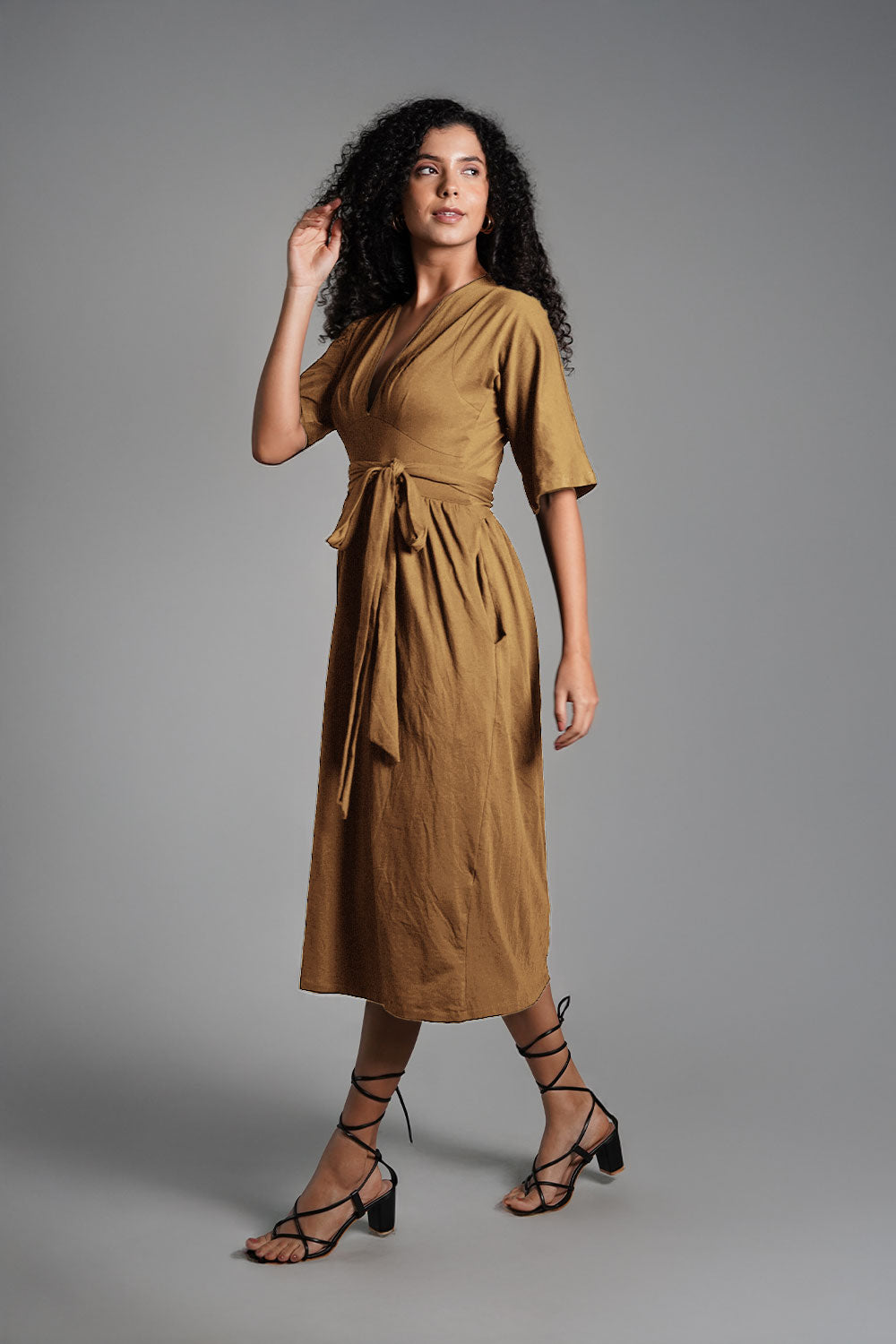 Beige Jersey Knit Plunge Sash Tie Dress