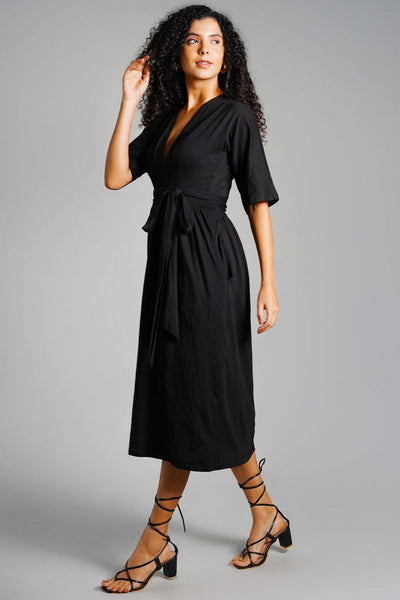 Black Jersey Knit Plunge Sash Tie Dress