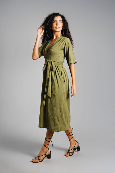 Olive Jersey Knit Plunge Sash Tie Dress