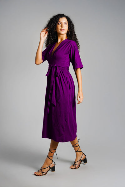 Purple Jersey Knit Plunge Sash Tie Dress