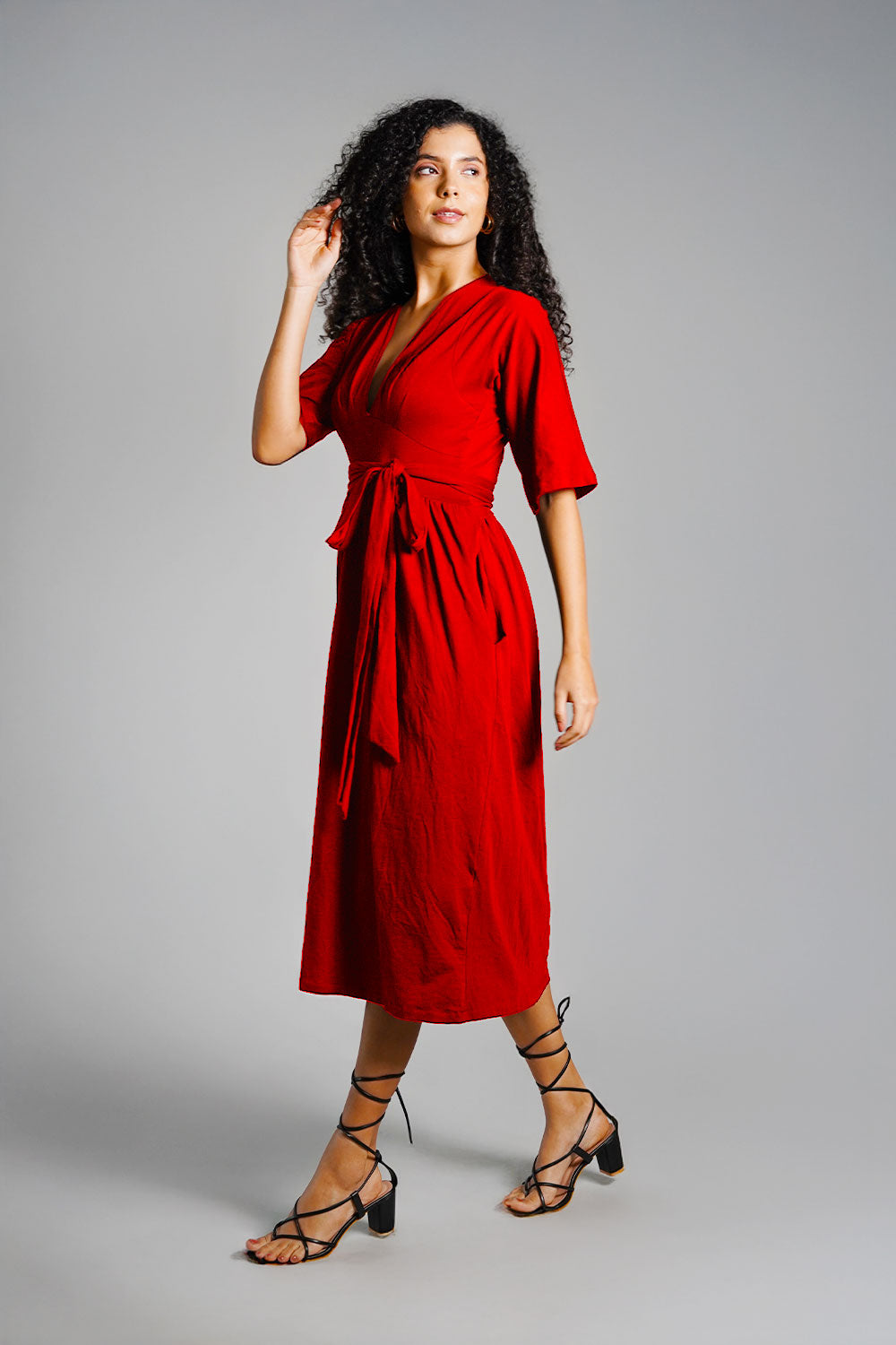 Red Jersey Knit Plunge Sash Tie Dress