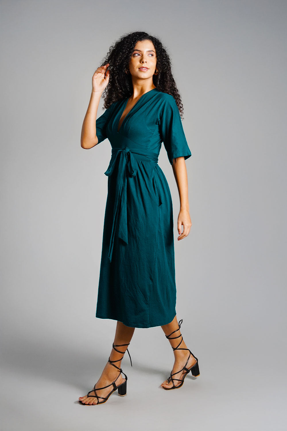 Teal Jersey Knit Plunge Sash Tie Dress