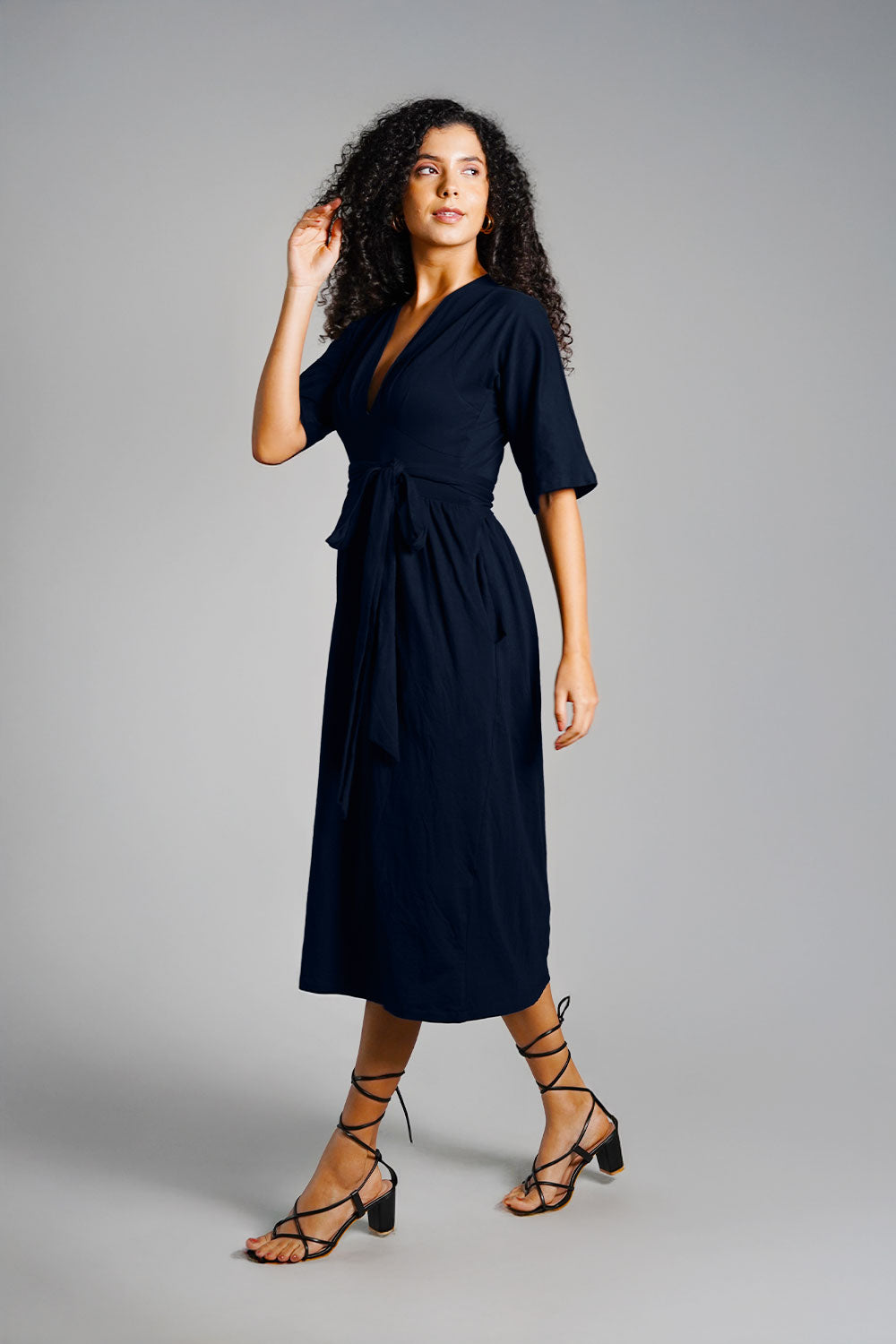 Navy Jersey Knit Plunge Sash Tie Dress