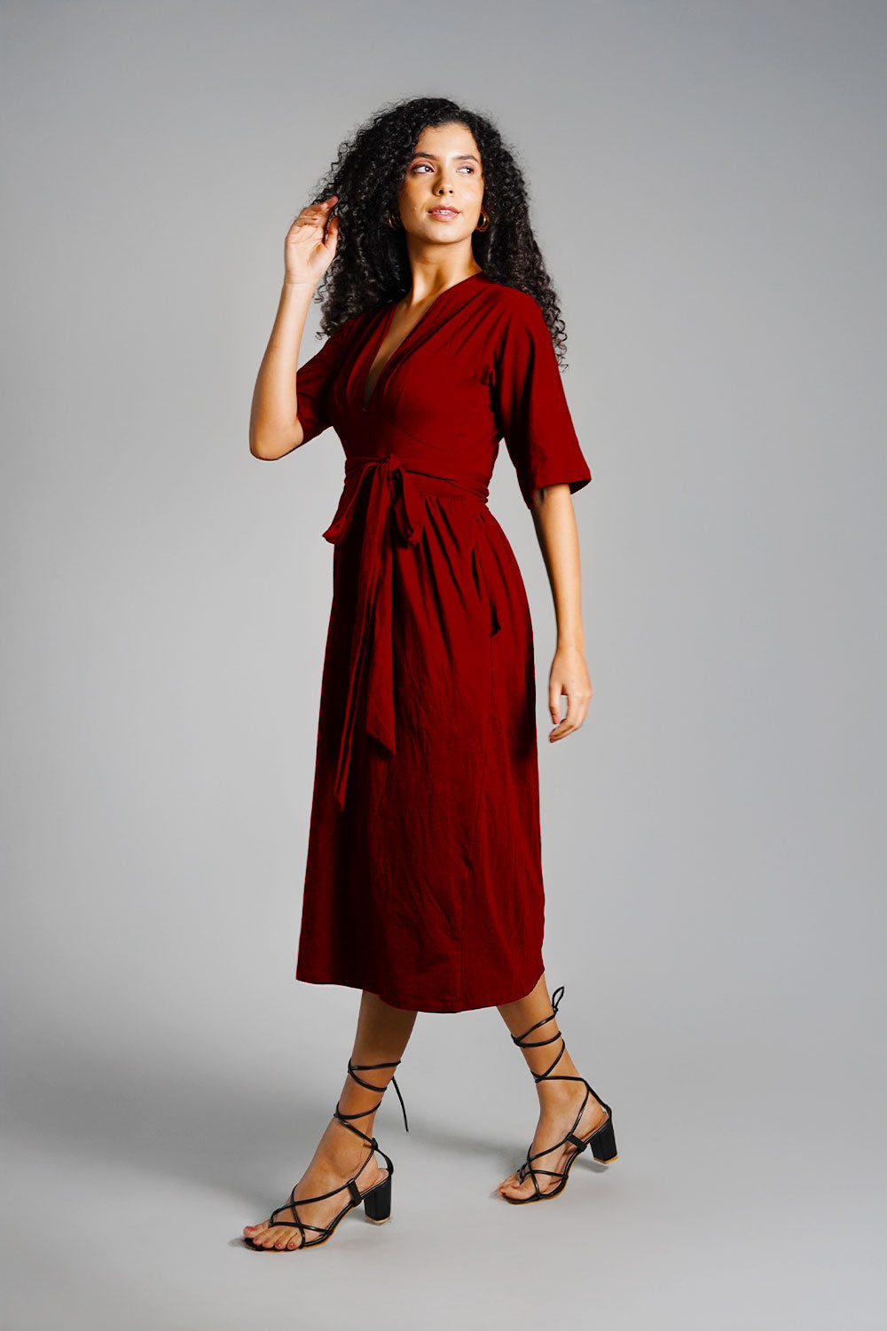 Maroon Jersey Knit Plunge Sash Tie Dress