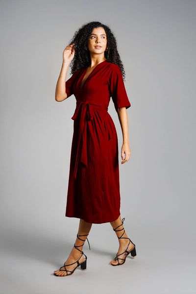 Maroon Jersey Knit Plunge Sash Tie Dress