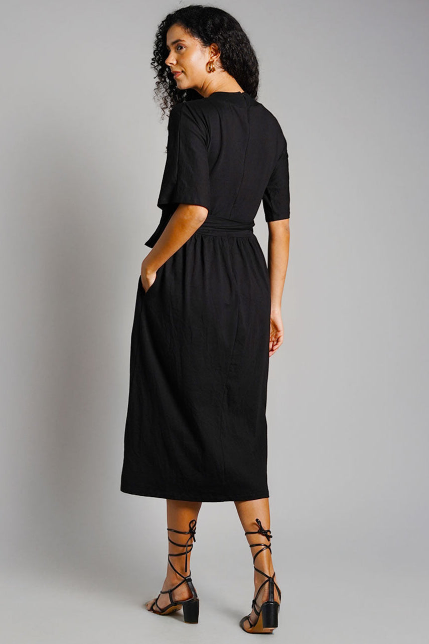 Black Jersey Knit Plunge Sash Tie Dress