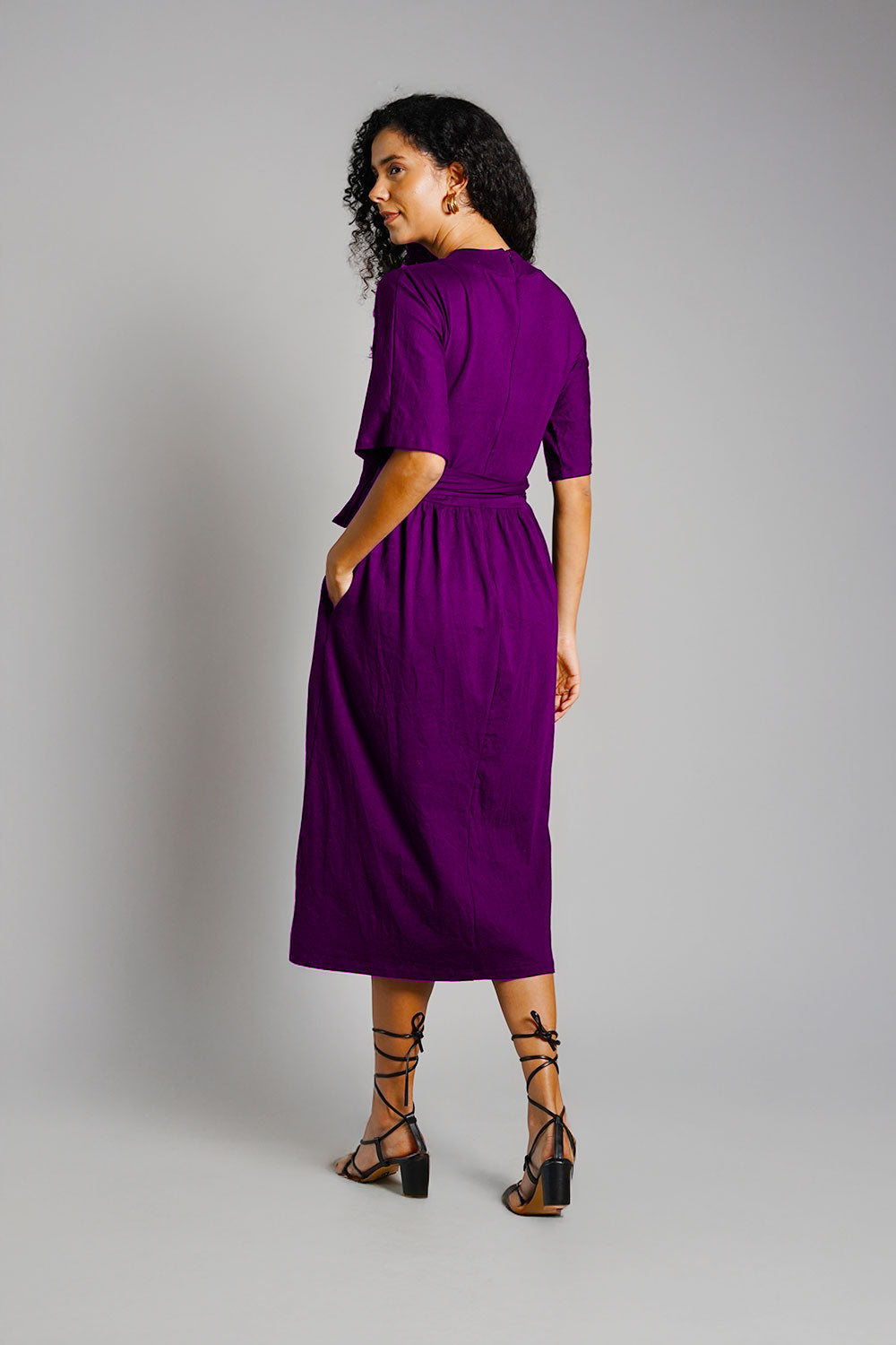 Purple Jersey Knit Plunge Sash Tie Dress