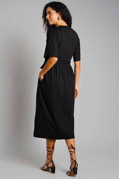 Black Jersey Knit Plunge Sash Tie Dress