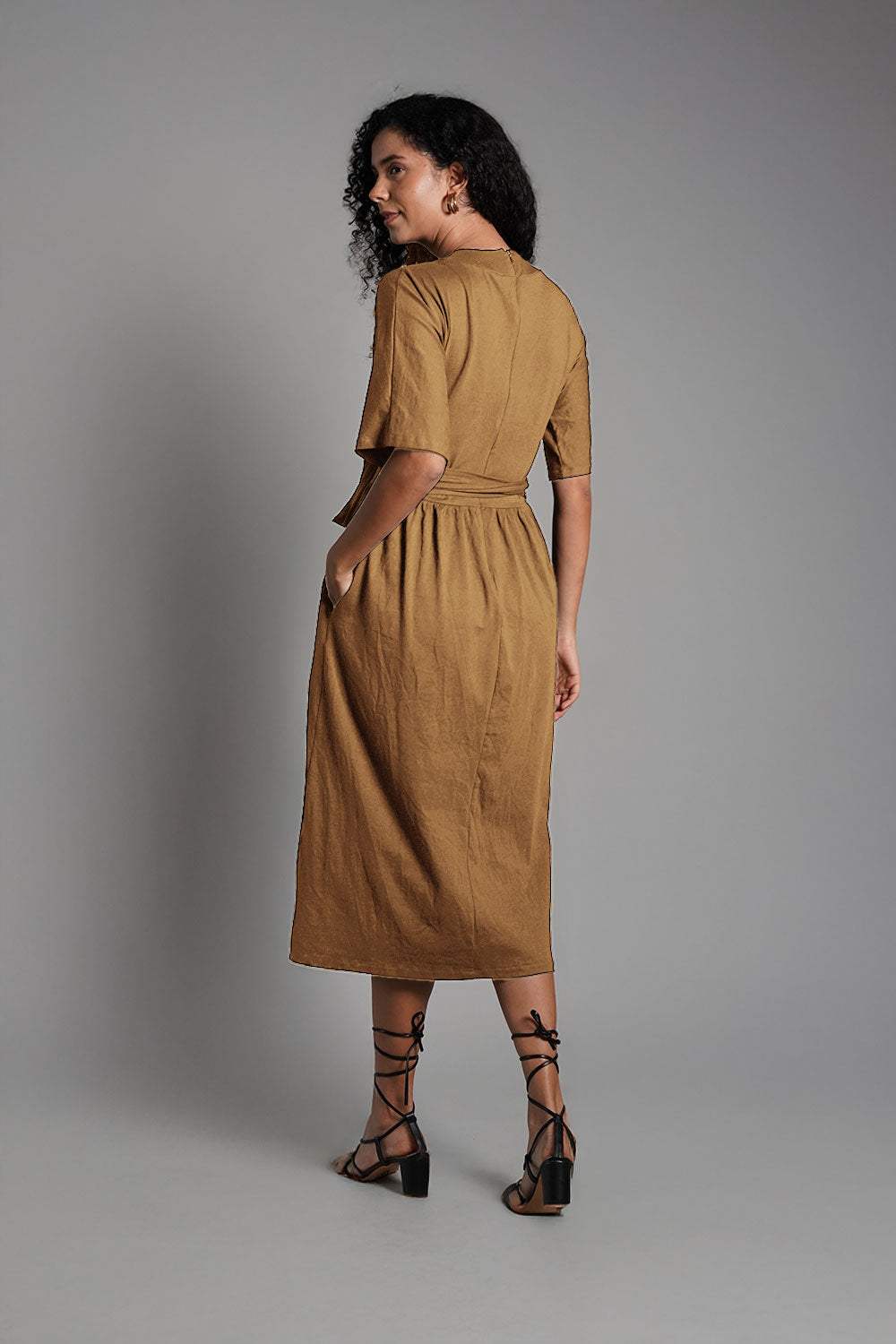 Beige Jersey Knit Plunge Sash Tie Dress