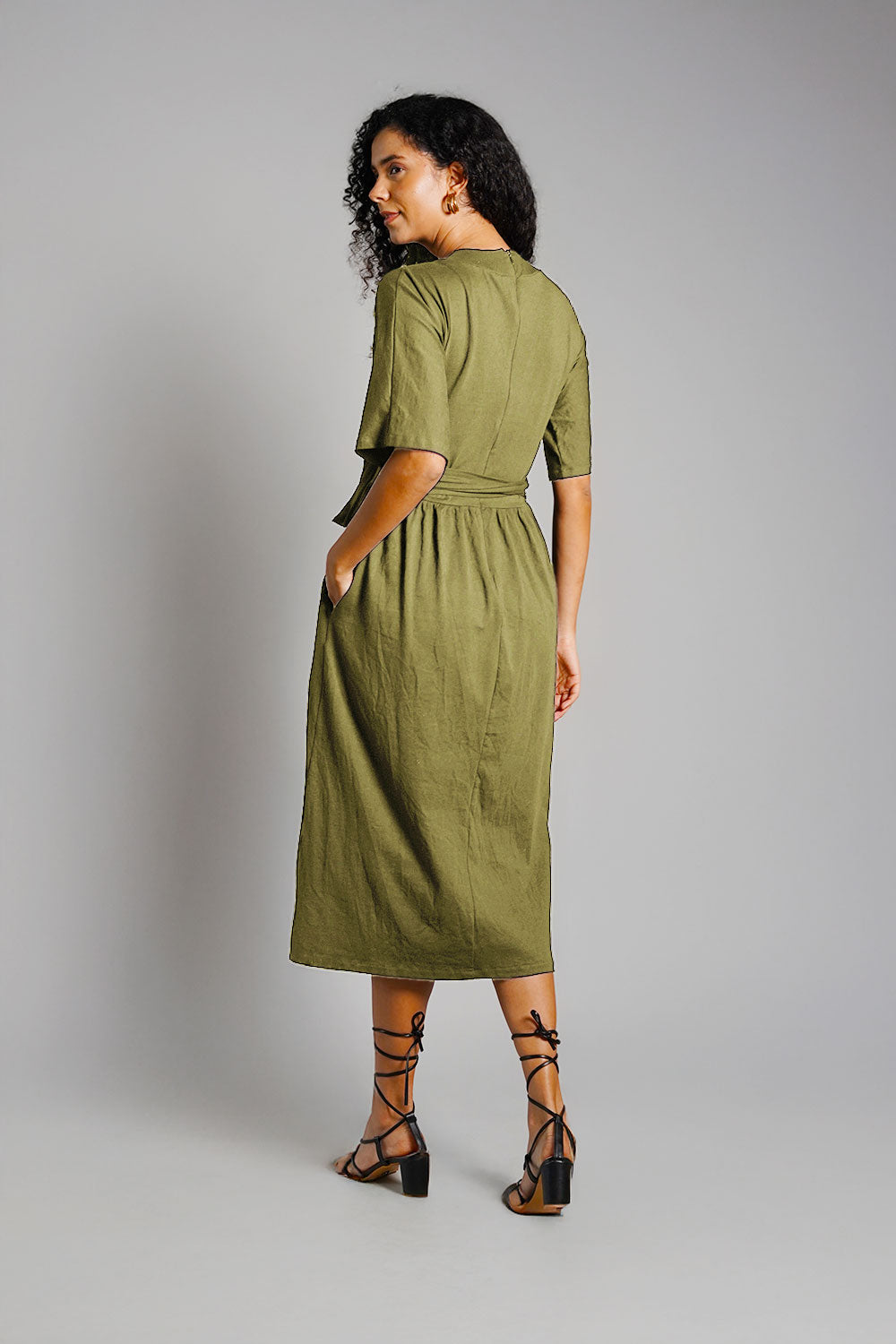 Olive Jersey Knit Plunge Sash Tie Dress