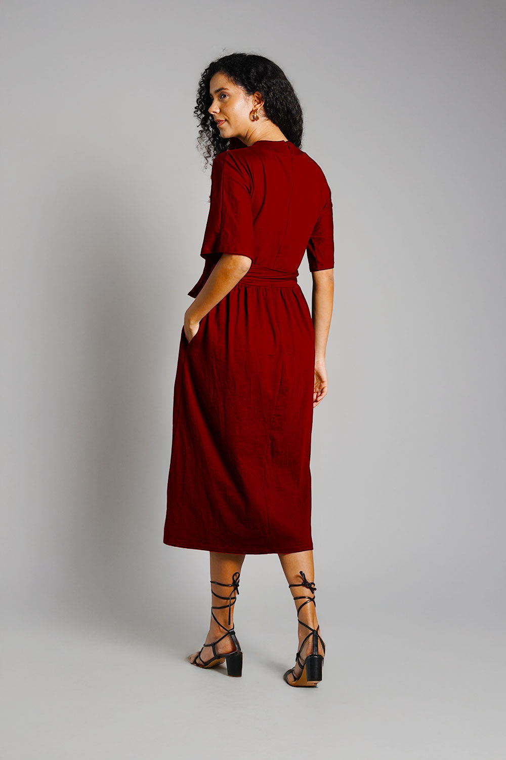 Maroon Jersey Knit Plunge Sash Tie Dress