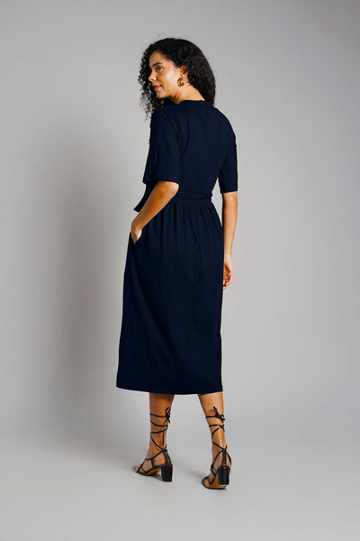 Navy Jersey Knit Plunge Sash Tie Dress