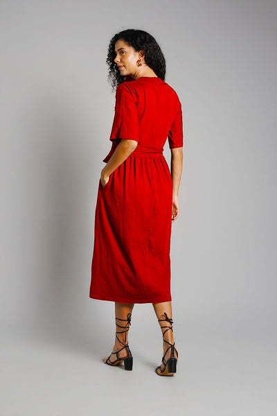 Red Jersey Knit Plunge Sash Tie Dress