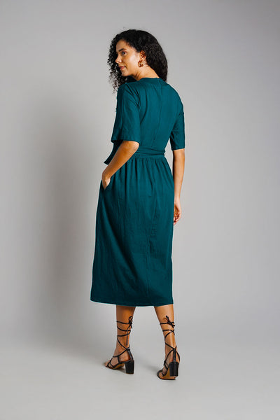 Teal Jersey Knit Plunge Sash Tie Dress